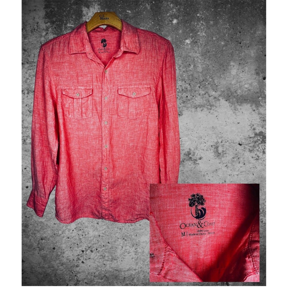 Ocean & Coast Men’s Medium 100% Linen Button Up Shirt Roll Tab Salmon Pink Sexy